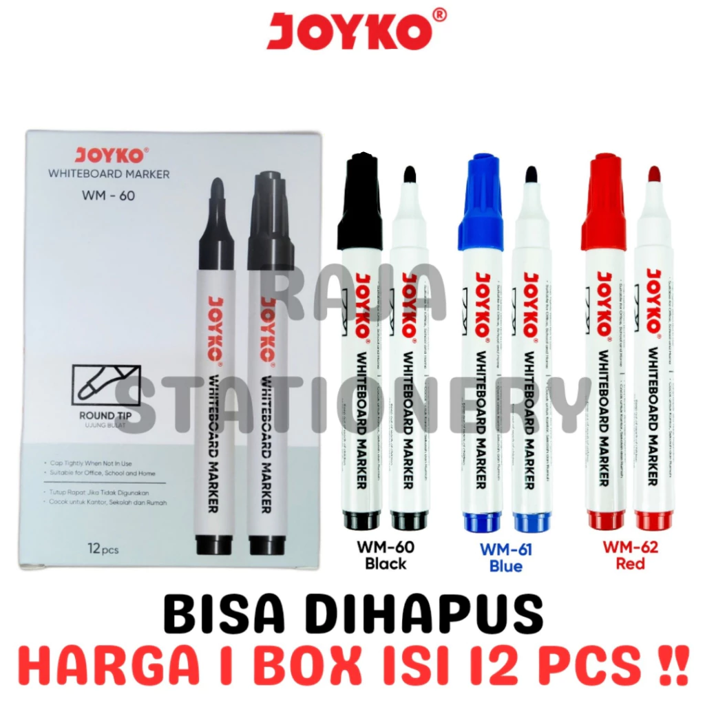 JOYKO WHITEBOARD MARKER BLACK BLUE RED SPIDOL PAPAN TULIS JOYKO HITAM BIRU MERAH BOX LUSIN [12PCS]