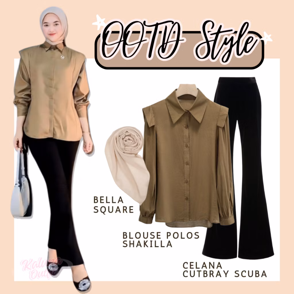 Setelan Wanita Kekinian ( Hijab Bella Square, Blouse Shakila, Celana Cutbray ) Outfit Liburan KO1H
