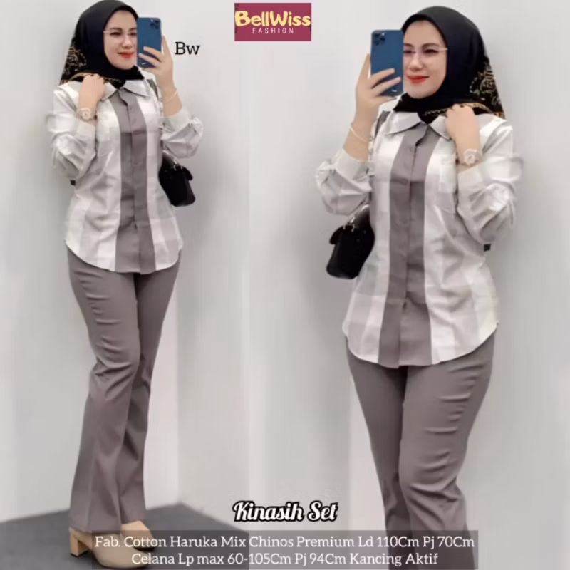 Kinasih Set Harian Wanita Murah Atasan Dan Celana Chinos Premium