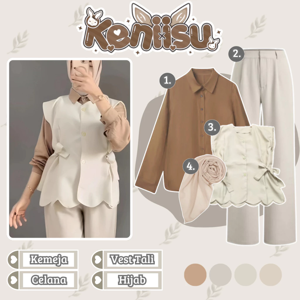 Outfit Wanita Kekinian Vest Tali Kemeja Coklat Celana Knit Hijab AR22