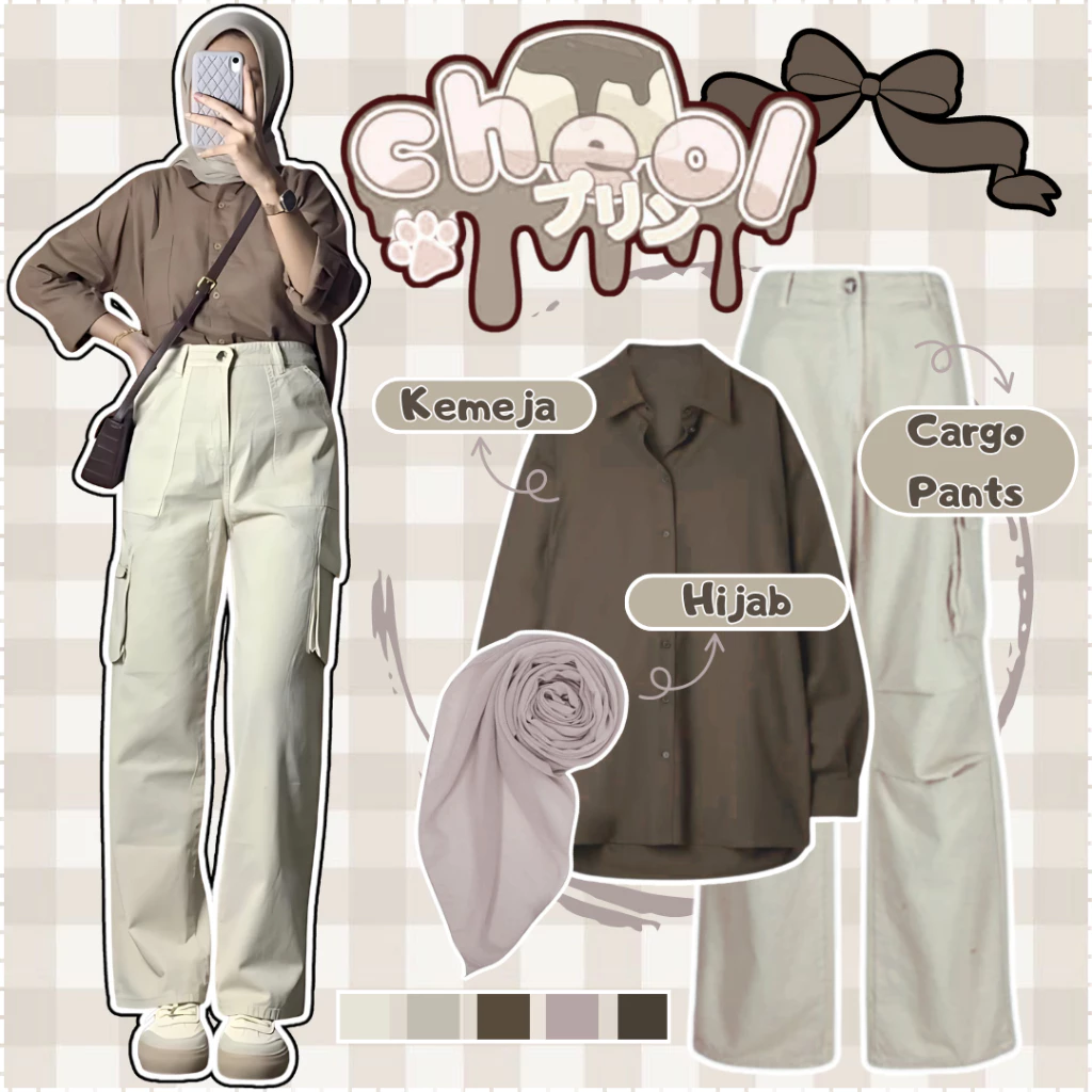 Outfit Kekinian Kemeja Oversized Cargo Pants Hijab AR12