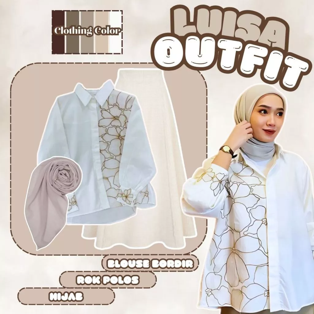Setelan Trend Look Korea {Blouse Bordir,Rok Polos,Hijab} Luisa Outfit Ngampus Simple & Stylish -AR15
