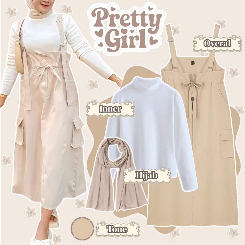 Setelan Hijab Korean Look (Overal Mocca+Inner+Pashmina Cream) Outfit Trendy Ngafe 3in1 Pretty – AR17