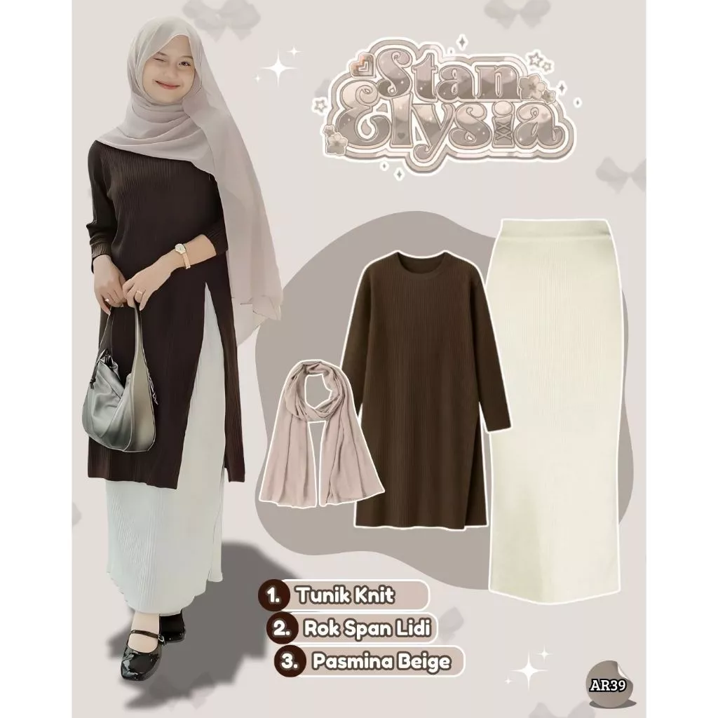One Set Hijab Tunik Knit Rok Span Lidi Pasmina Beige AR39