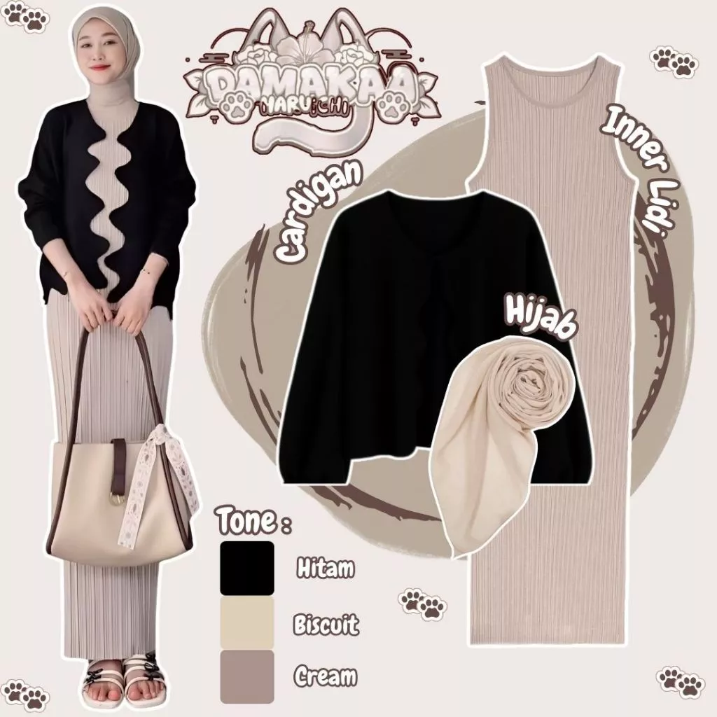 Outfit Set 3In1 Cardigan Inner Dress Lidi Hijab AR04