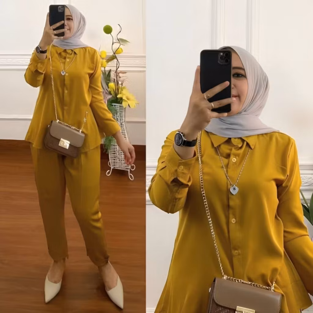 Setelan Wanita Kekinian Kemeja Lengan Panjang Celana Panjang