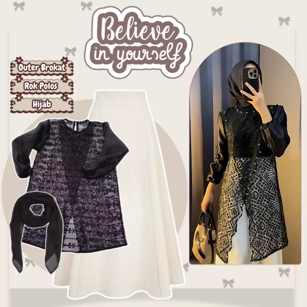 Setelan Wanita Outer Brokat Hitam Rok Polos Hijab AR21