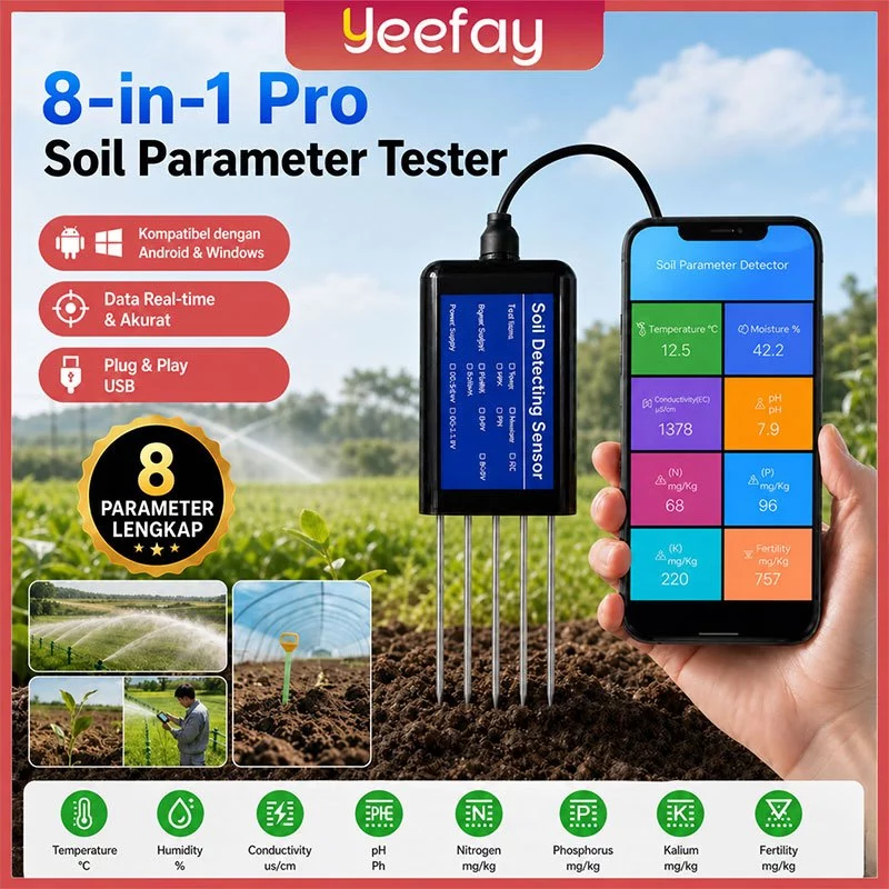 8in1 Soil Tester PH tanah NPK N P K EC Fertilily Moisture Temperature 8in1 Soil Tester meter USB C Micro USB langsung HP phone Android ada APK HSL
