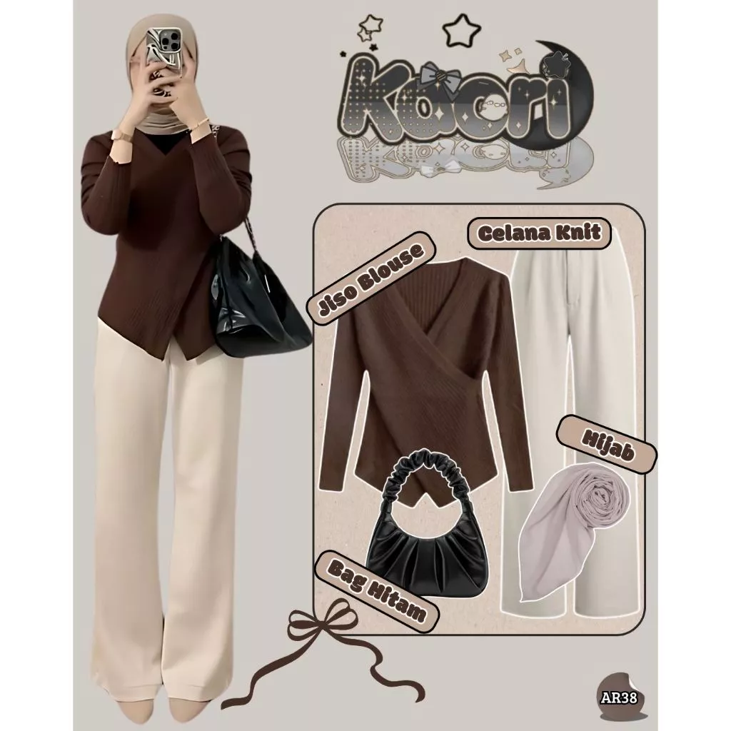 OOTD Wanita Jiso Blouse Celana Knit Bag Hitam Hijab Stylish AR38