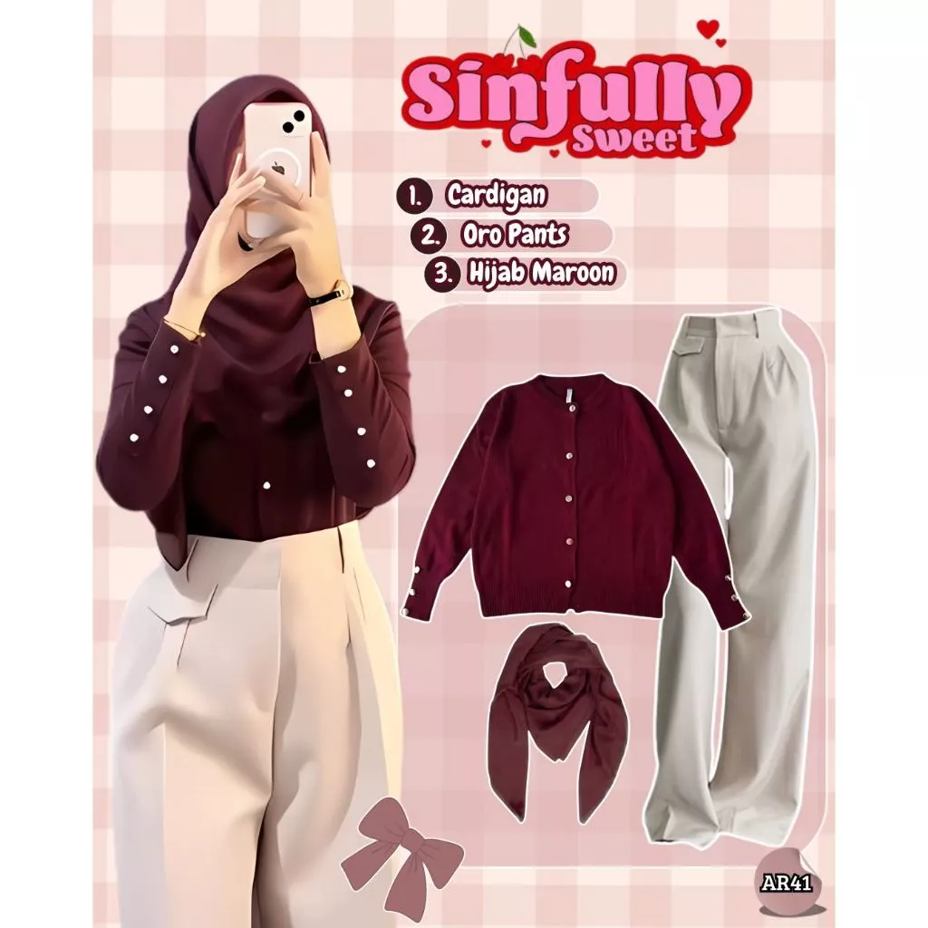 One Set Hijab Wanita 3in1 [ Cardigan + Oro Pants + Hijab ] Ootd Hangout Kekinian Tone Maroon -  AR41