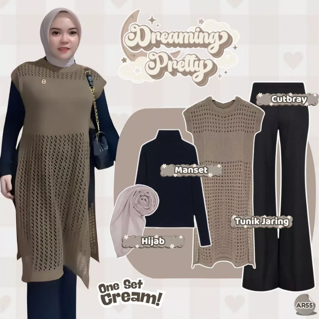 Outfit Hijab Modern ( Tunik Jaring+Cutbray Hitam+Manset+Hijab Ivory ) Ootd Look Classy & Modis -AR55
