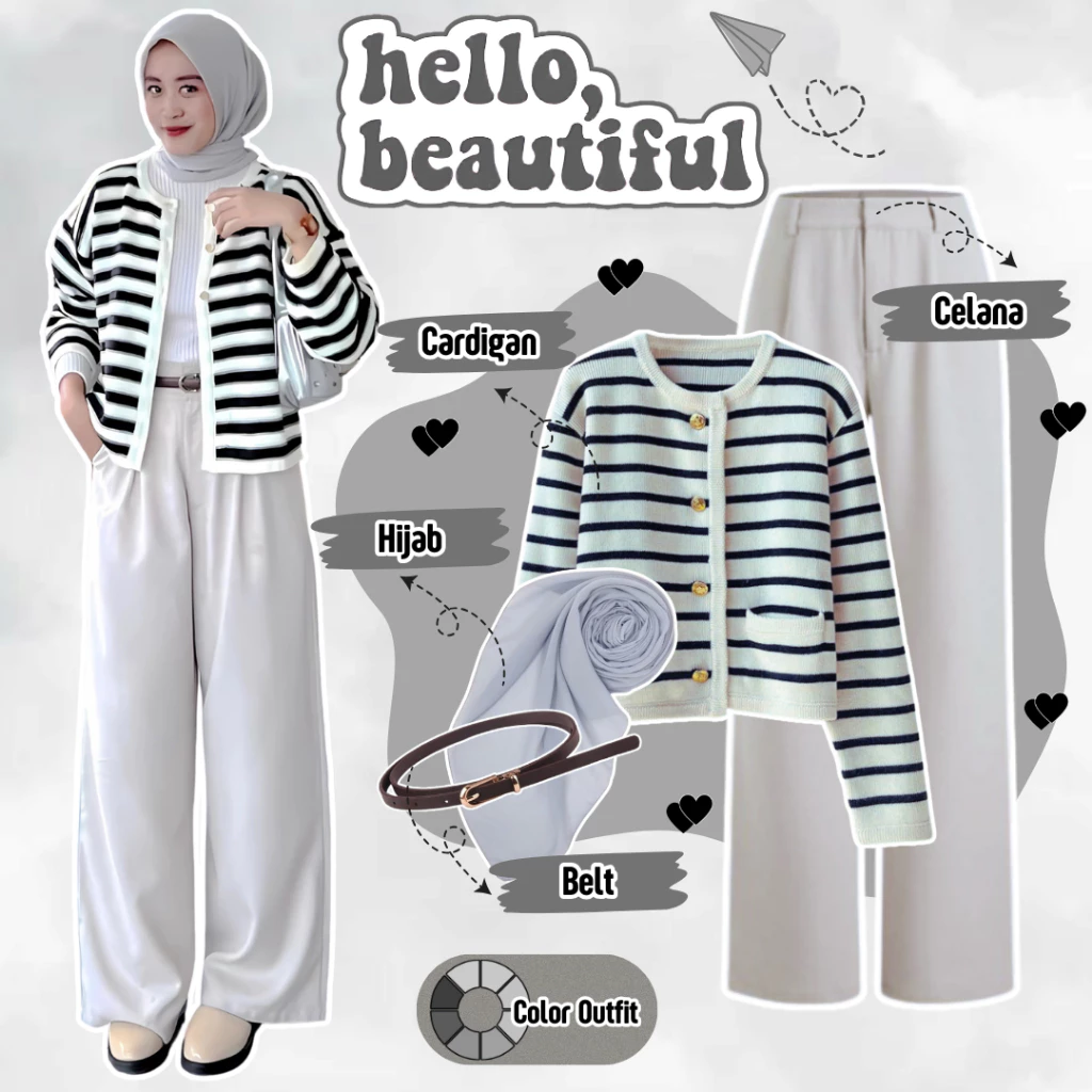 Outfit 4in1 Ala Korea Cardigan Strip Celana Knit Belt Hijab AR16