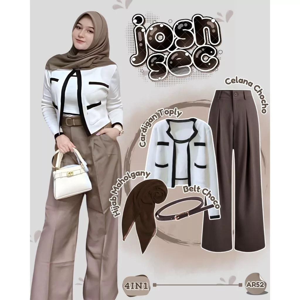 Setelan Wanita Kekinian Cardigan Toply Celana Chocho Belt Choco Hijab OOTD Elegan AR52