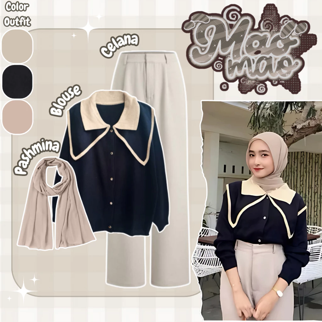 One Set 3in1 Mao Blouse Kerah Unik Celana Basic Pashmina AR13