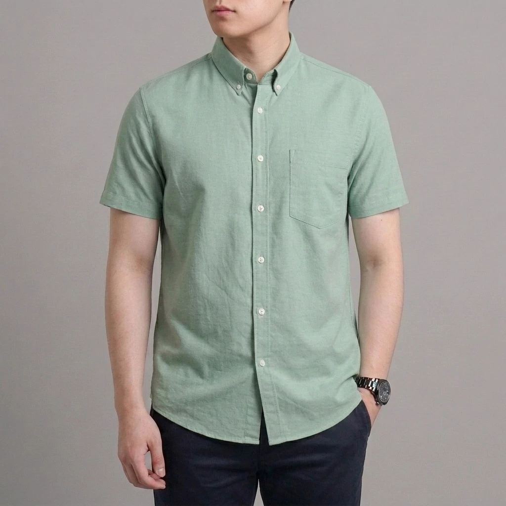 Eniqno - Kemeja Pria Lengan Pendek Katun Linen - Sage