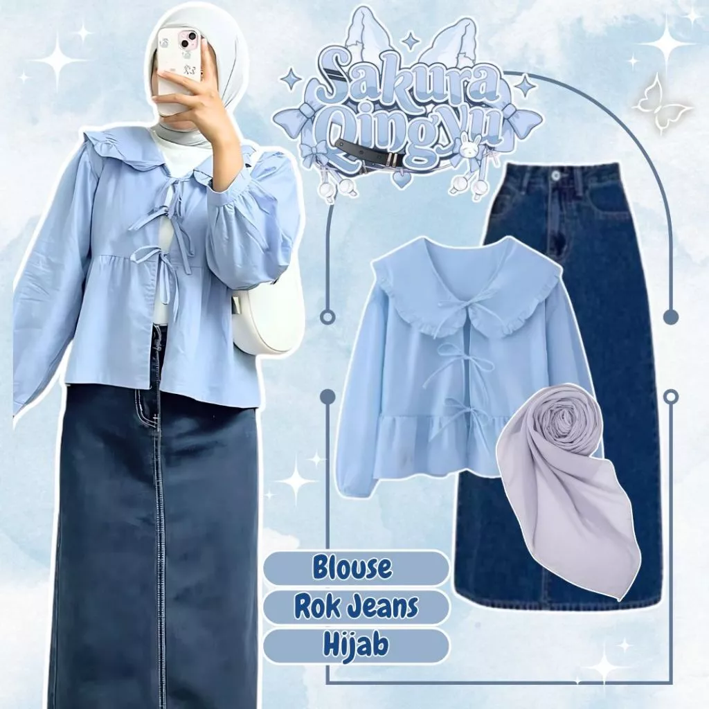 One Set Korean Style Blouse Pita Rok Jeans Hijab Abu OOTD AR05