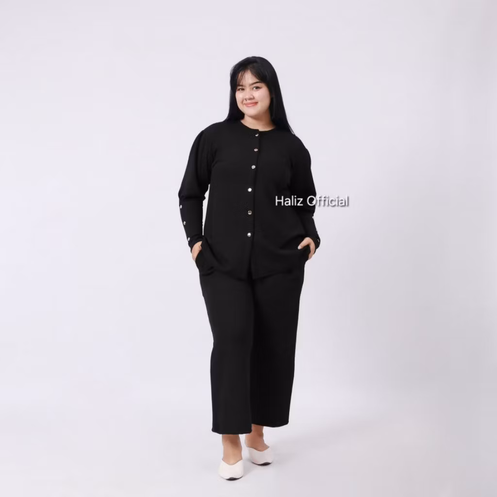 Setelan Oneset Oversize Knit Wanita Premium Tebal Lengan Panjang Celana Panjang Jumbo Ld 130cm