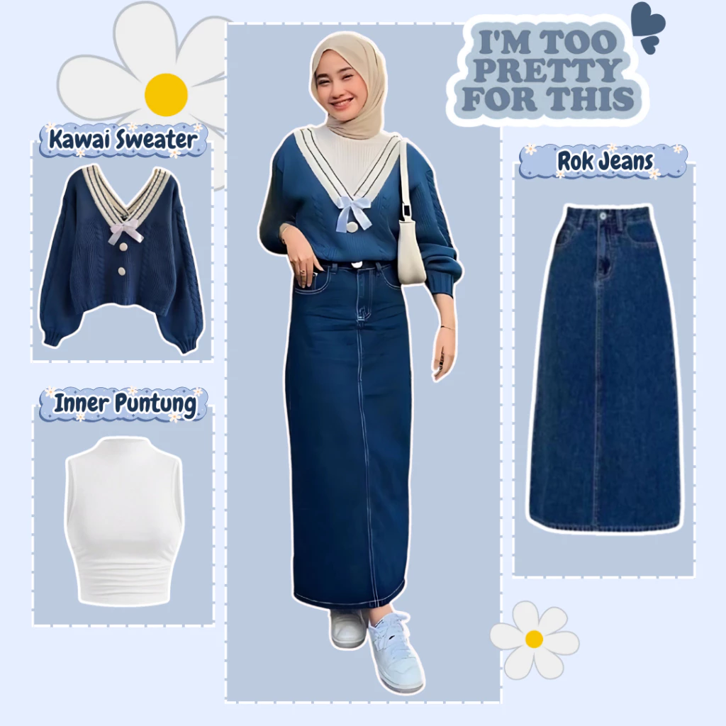 Setelan Remaja Kekinian (Sweater Kawai+Rok Jeans+Inner Putih) Ootd 3in1 Style Cewek Masa Kini - AR24