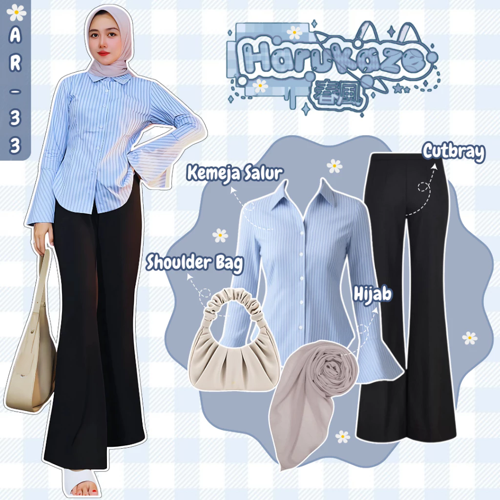 One Set Wanita Kemeja Salur Celana Cutbray Shoulder Bag Hijab AR33