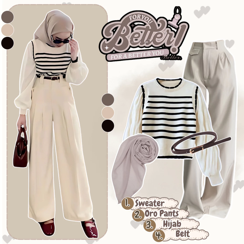 Ootd Hijab Wanita Korean (Sweater Stripe, Oro Pants, Hijab,Belt) Look Casual Minimalis Kekinian-AR20