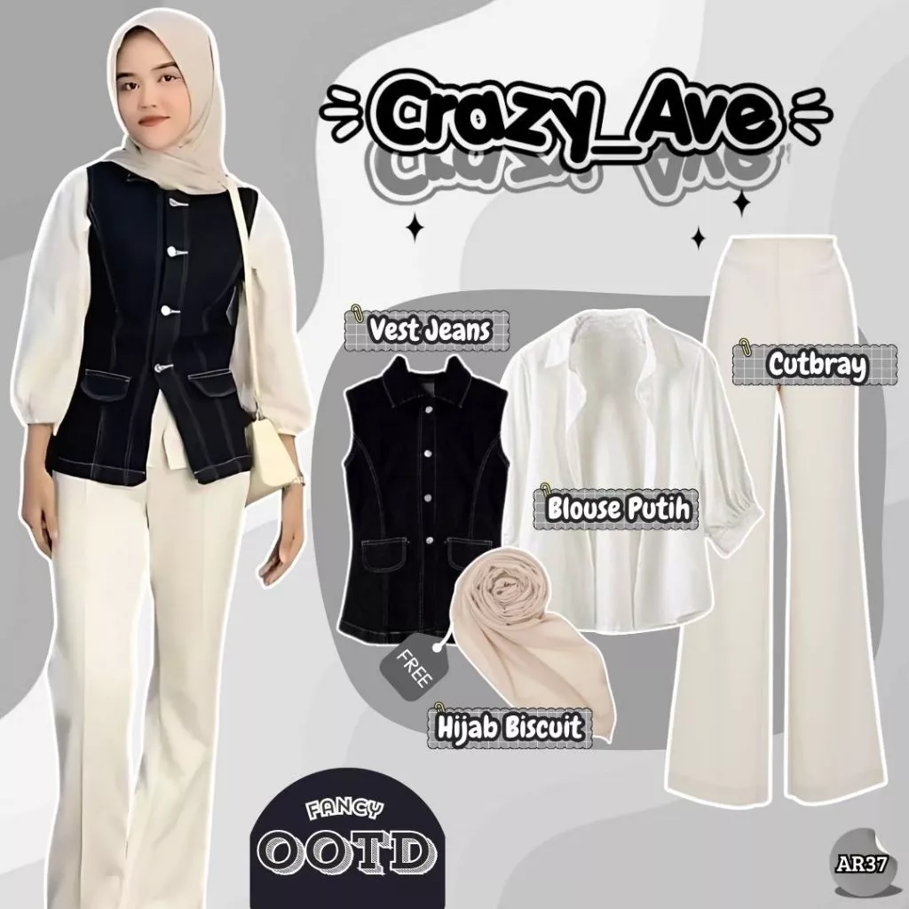 Outfit Style Korea Vest Jeans Blouse Putih Celana Cutbray Hijab AR37