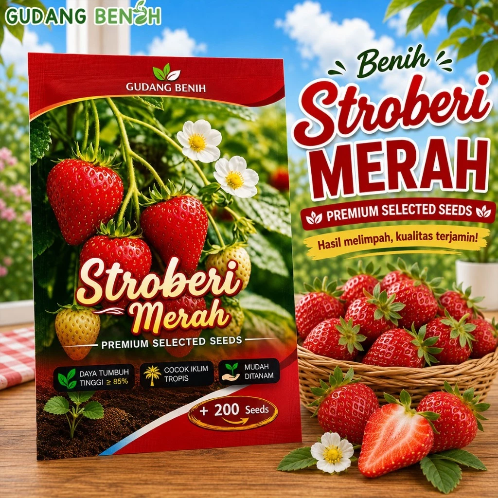 Benih Stroberi Merah Premium isi 200 Biji Seeds Buah Strawberry Jumbo Manis Unggul Ditanam Dataran Rendah Tropis Hydroponik Pot