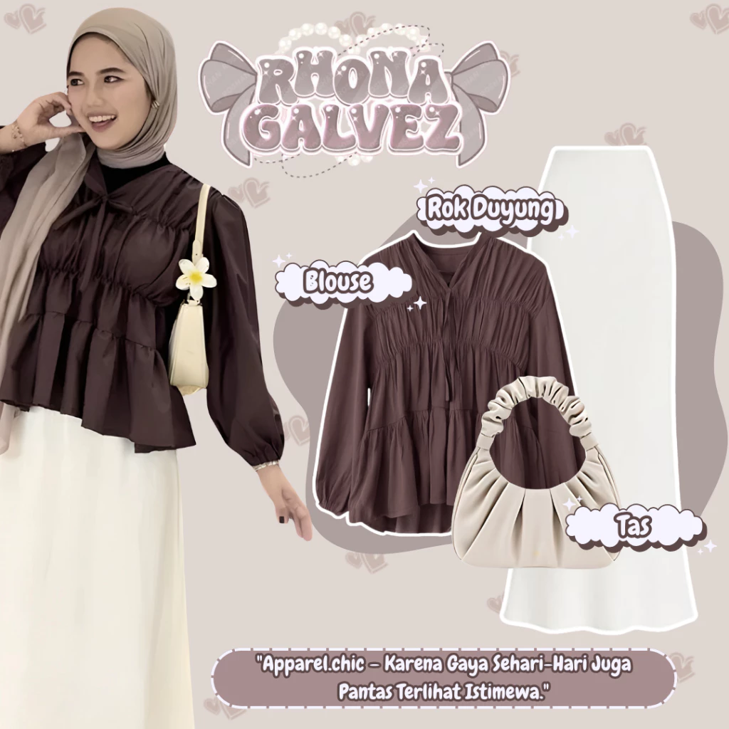 OOTD Wanita Korean ( Blouse Cantik,Rok Putih,Tas ) Outfit 3in1 Style Anak Muda Kantoran Coklat –AR23