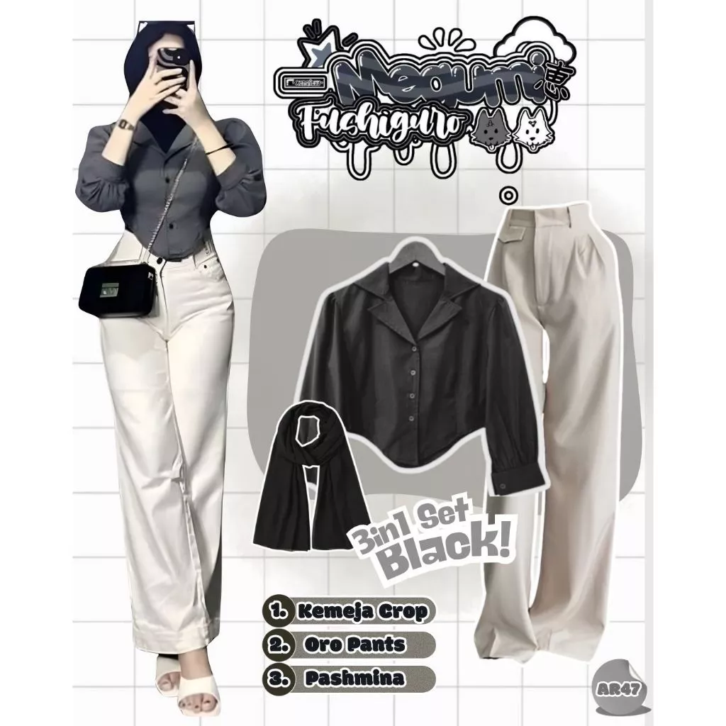 Setelan Hijab Korean Style Kemeja Crop Oro Pants Pashmina Hitam Chic AR47