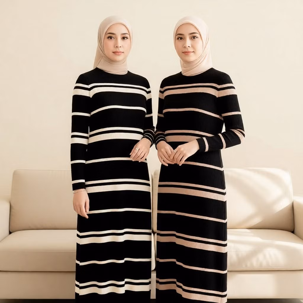 Aliya Dress Rajut Lengan Panjang Slim Fit Motip Garis Blaster