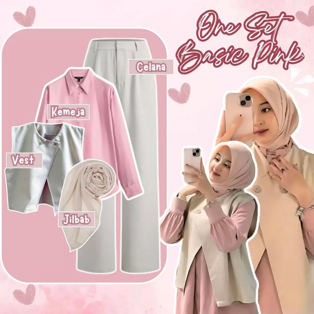 Ootd Set 4In1 Basic Pink Vest Kemeja Celana Jilbab AR10