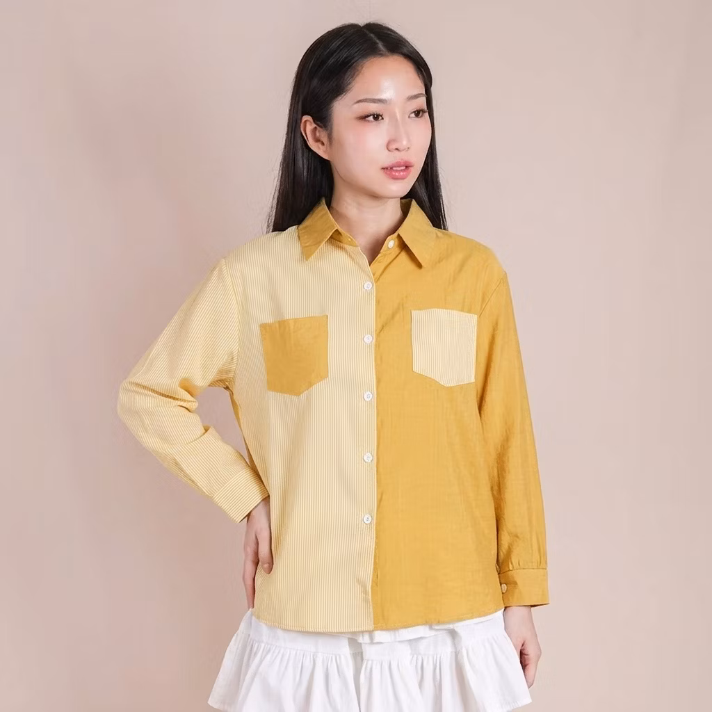 QUEENTIN Kemeja Casual Wanita 9028 Katun Silk Salur Lengan Panjang