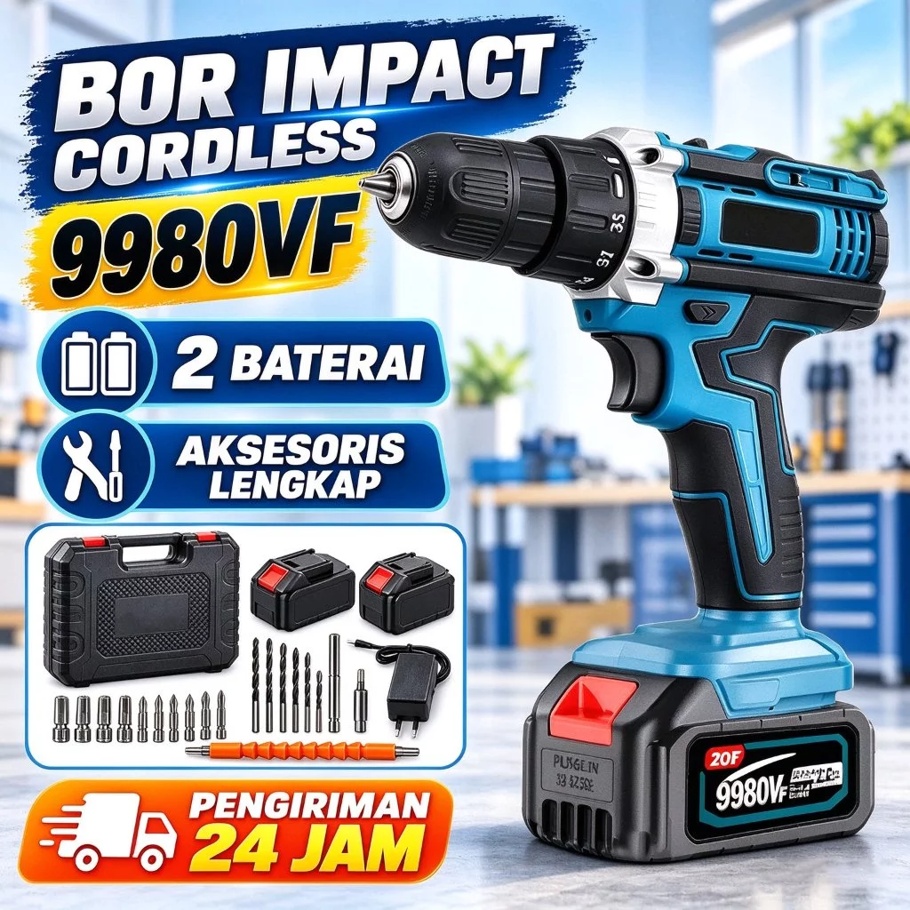 9980vf Mesin Bor 2 Baterai Cas 10mm Bor Listrik Bor Tangan Baterai Besi Tembok Beton Kayu