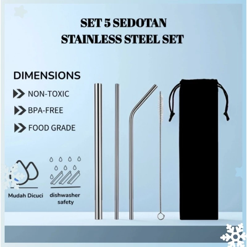 Reusable Stainless Straw Set 5 Sedotan Stainless Steel Set
