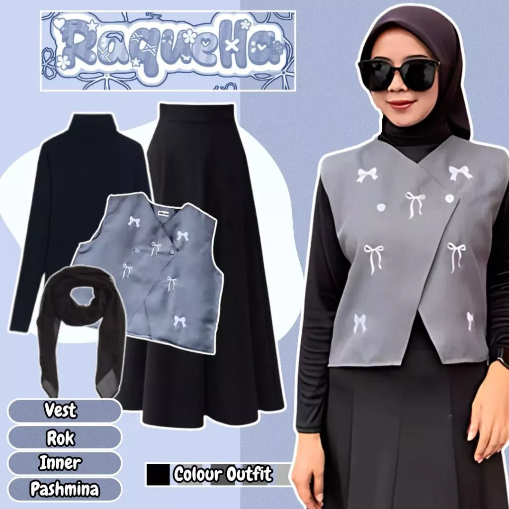 One Set Look Casual Vest Pita Abu Rok Hijab Manset Hitam AR09