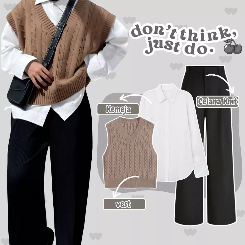 Set Korean Style Vest Rajut Kemeja Putih Celana Knit AR29