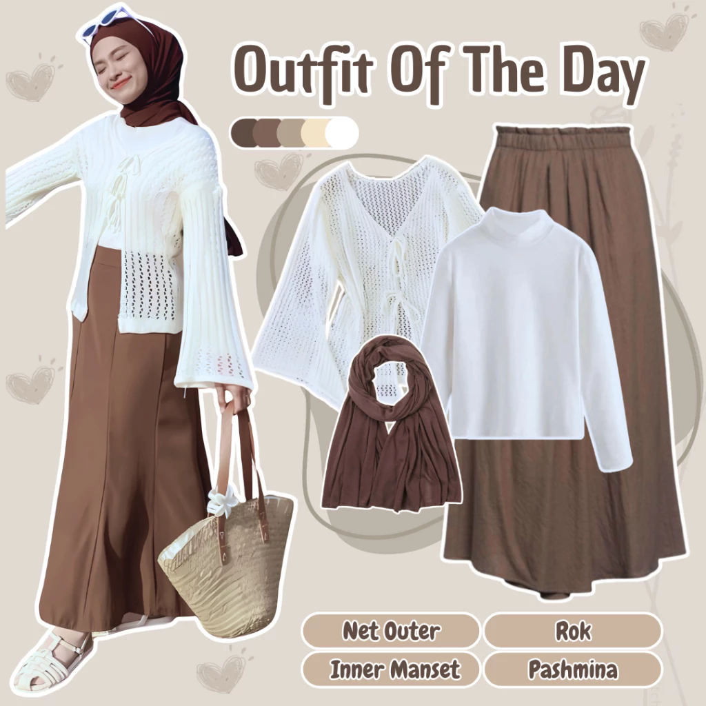OOTD 4in1 Net Outer Rok Coklat Inner Pashmina AR08
