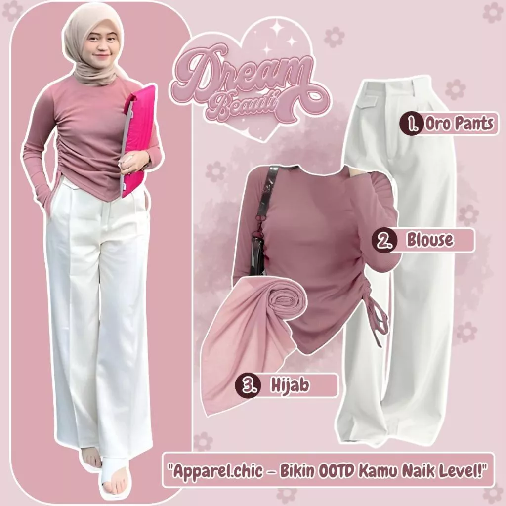OOTD Set Blouse Oro Pants White Hijab Korean Style Remaja AR28