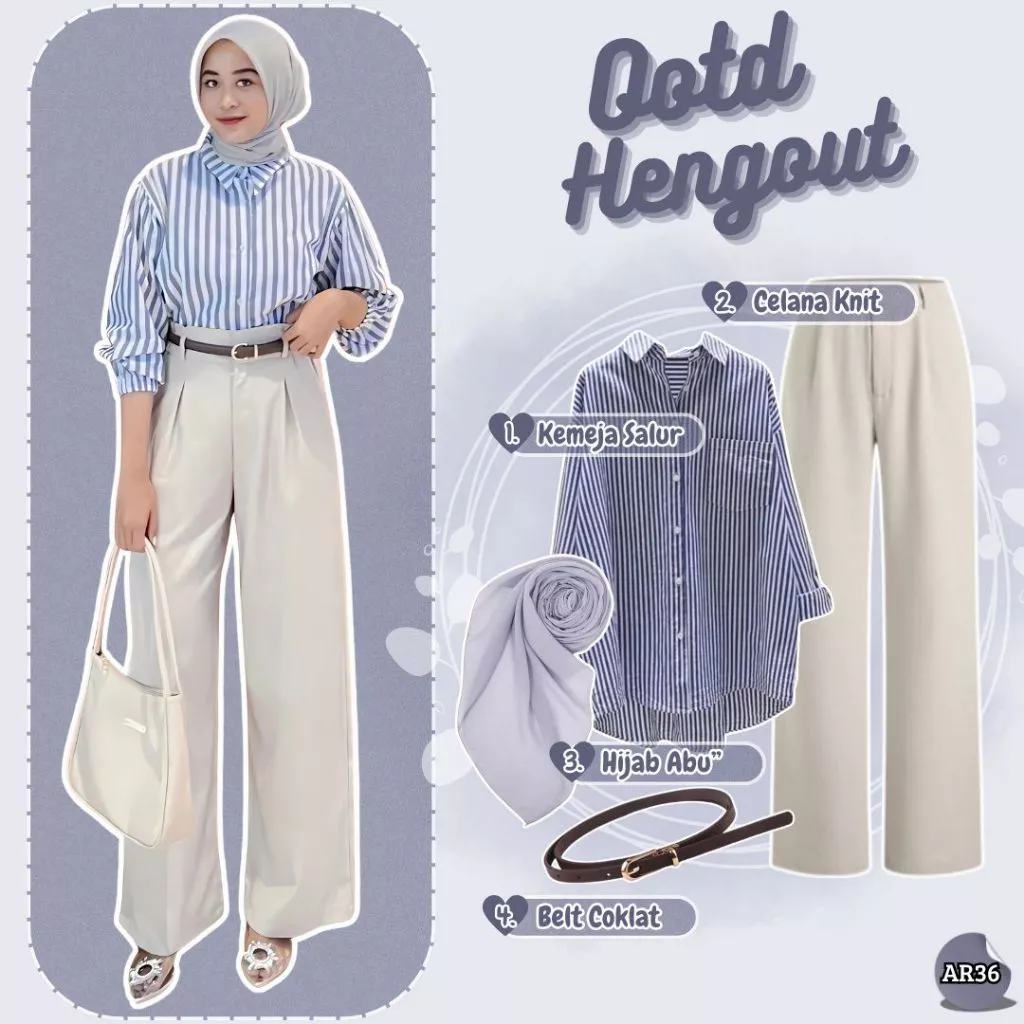OOTD Hijab Modis Kemeja Salur Celana Knit Hijab Abu Belt AR36