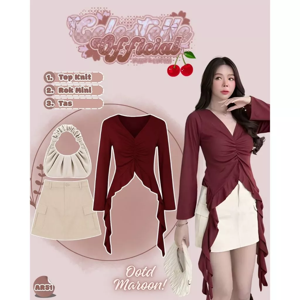 Outfit Kekinian Wanita Korea Top Knit Rok Mini Tas Slempang AR51