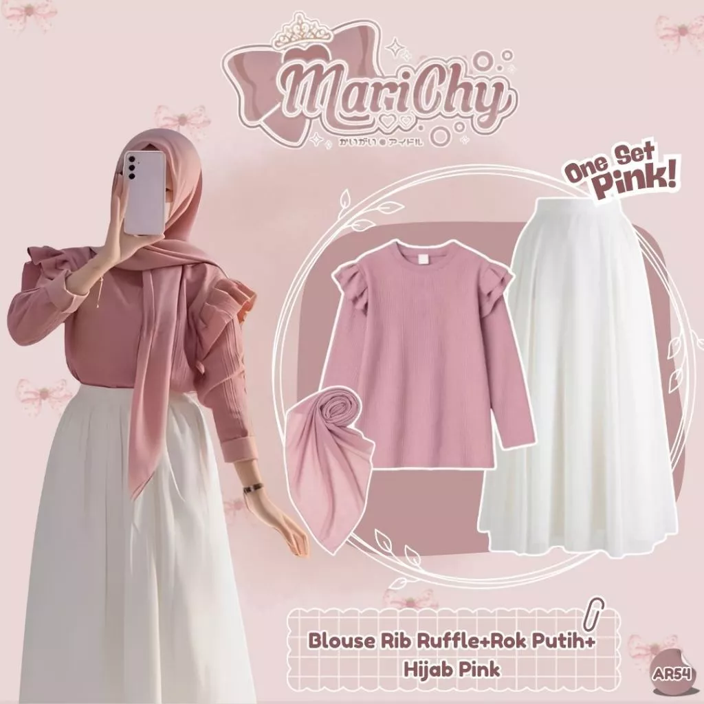 Setelan Wanita Kekinian Blouse Rib Ruffle Rok Putih Hijab Pink Korean Style AR54