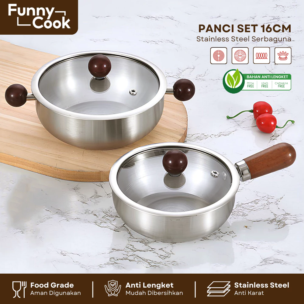 [BUY 1 GET 1] FUNNYCOOK Panci Stainless Steel Set 16cm + Tutup Kaca Panci Susu Anti Lengket & Food Grade