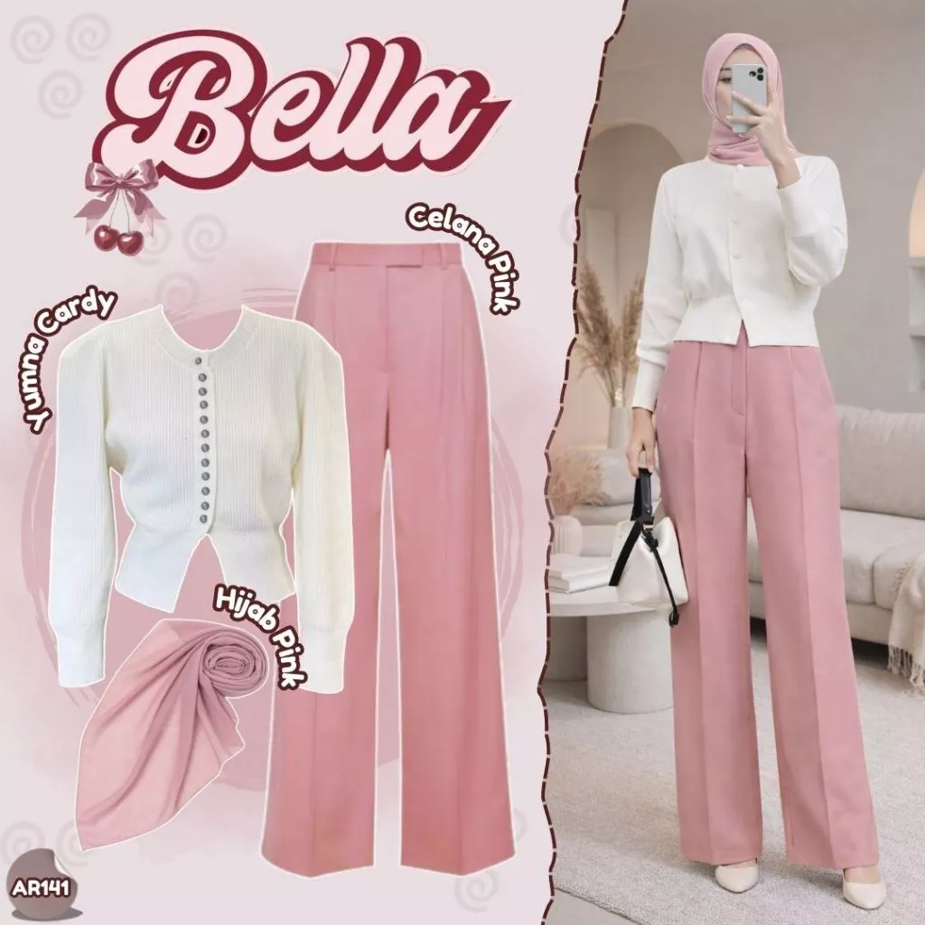 Outfit Korean Style Yumna Cardy Celana Pink Hijab One Set AR141