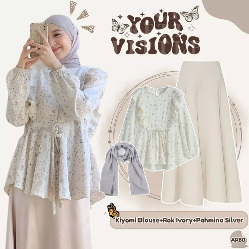 Outfit Hijab Korea Kiyomi Blouse Rok Ivory Pashmina Silver Floral AR80