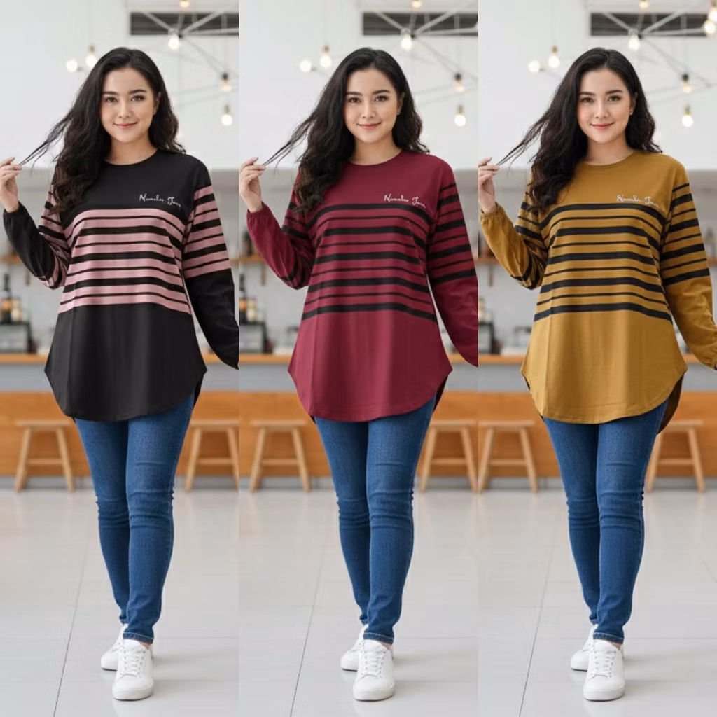 Kaos Salur Oval Tangan Karet Lengan Panjang Katun Combed Adem Halus Blouse Oversize Wanita Atasan Ha