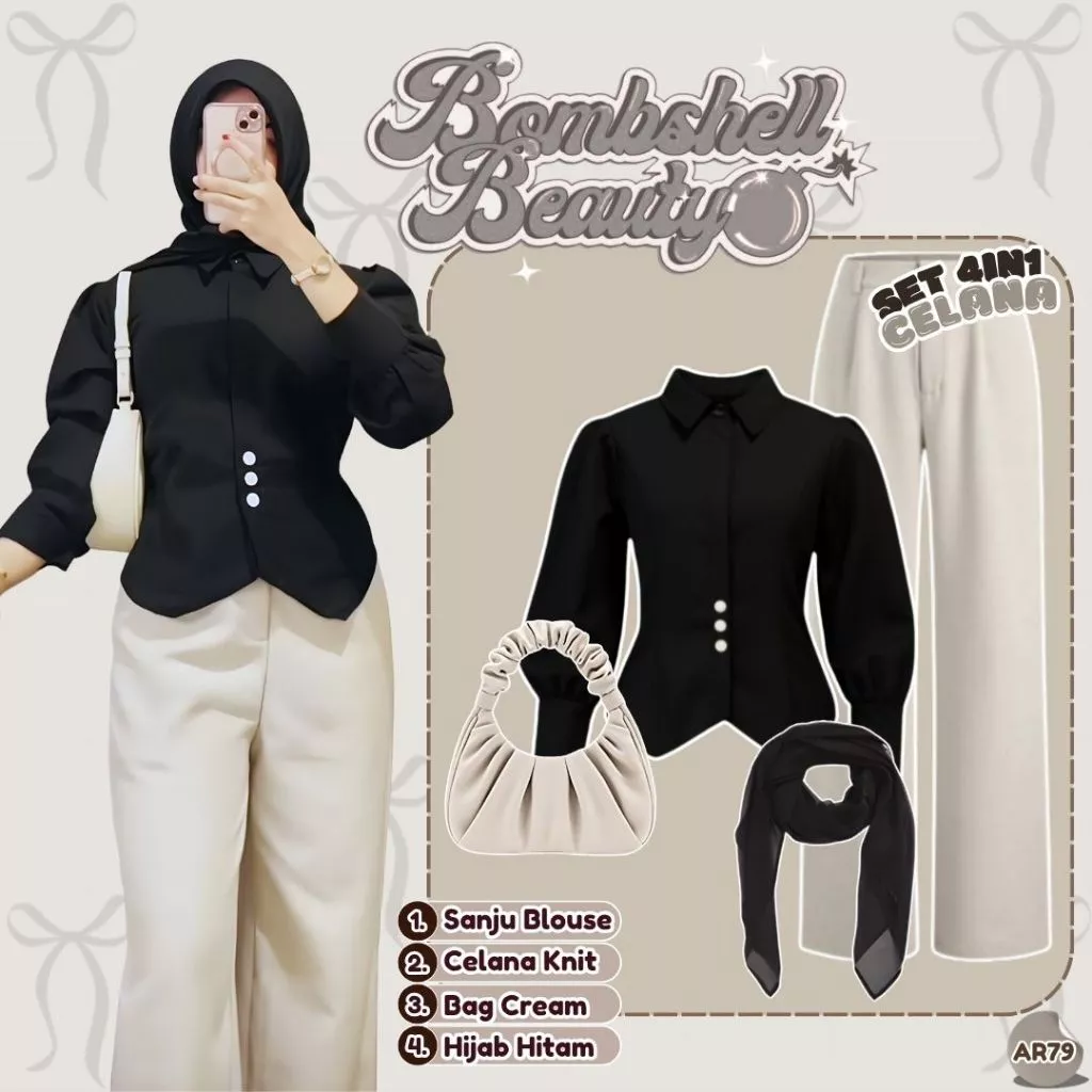 Outfit Hijab Korean Style Sanju Blouse Celana Knit Bag Hijab AR79