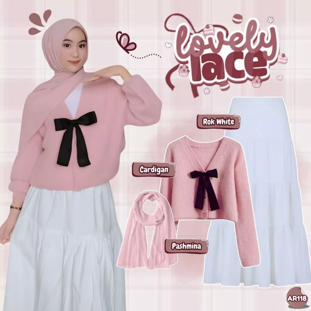 One Set Korea Style Cardigan Pink Rok Susun Hijab AR118