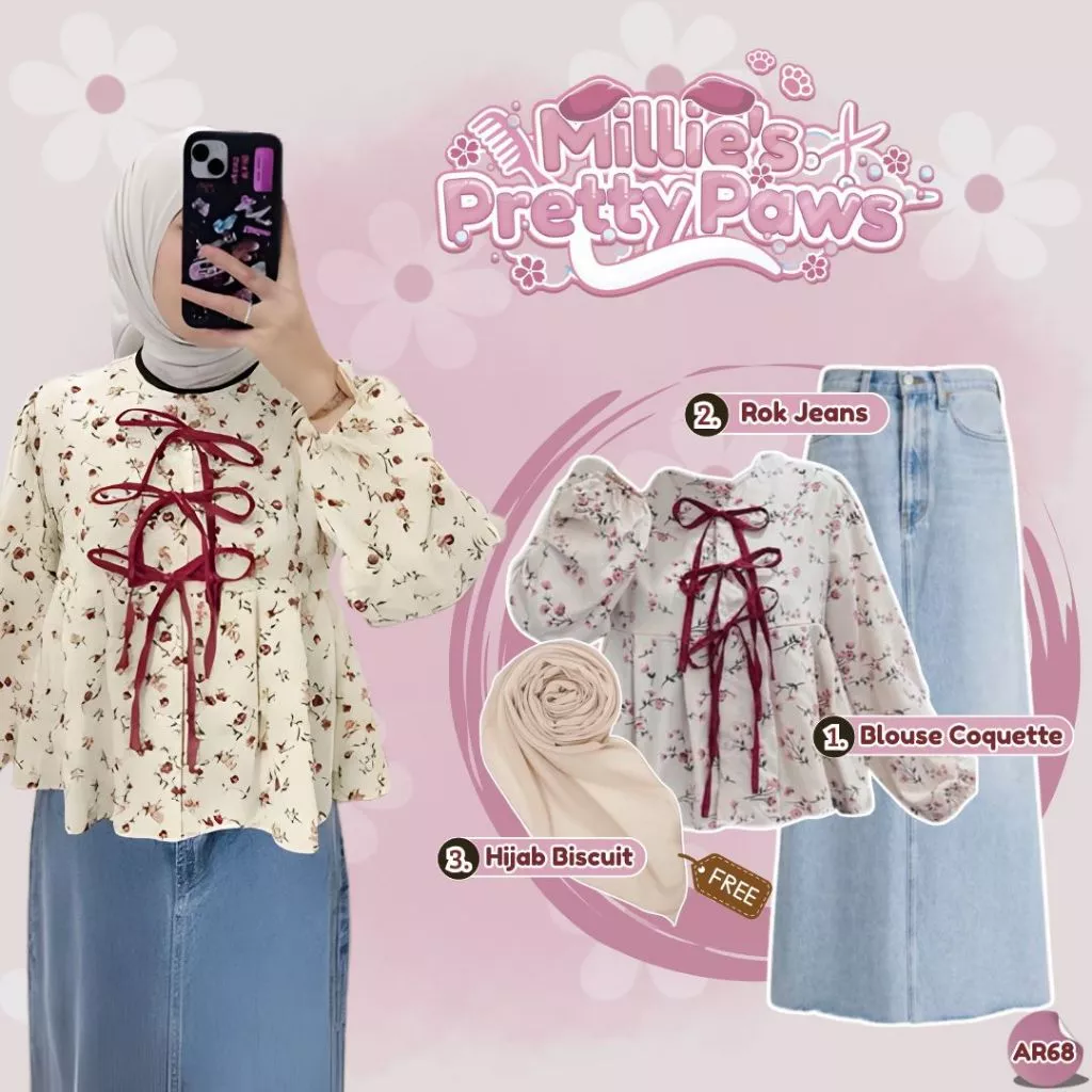 Ootd Hijab Coquette (Blouse Daysi+Rok Jeans+Hijab) Daily Outfit Hangout Fashionable Ala Korea - AR68