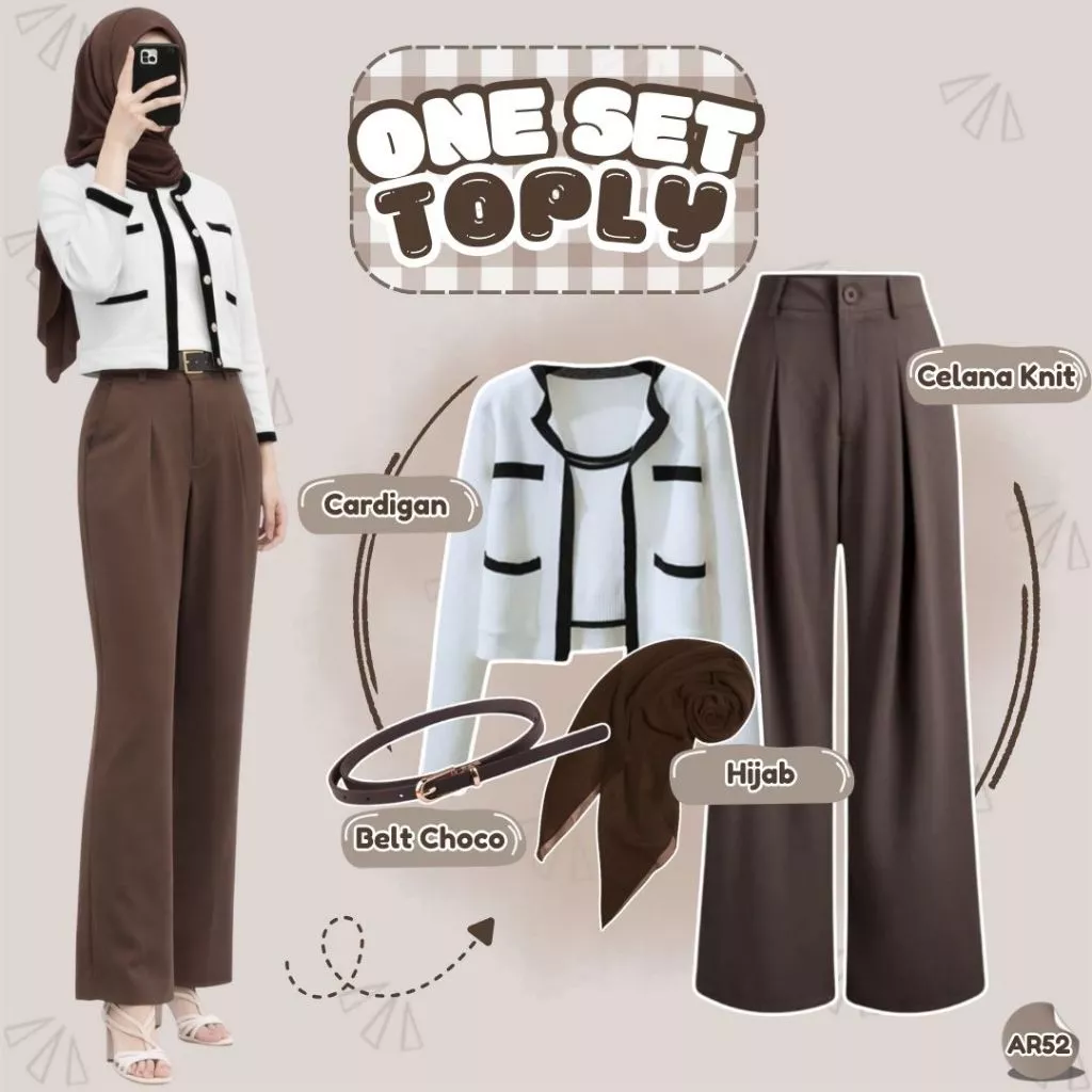 Oneset Wanita Cardigan Toply Celana Chocho Belt Hijab AR52