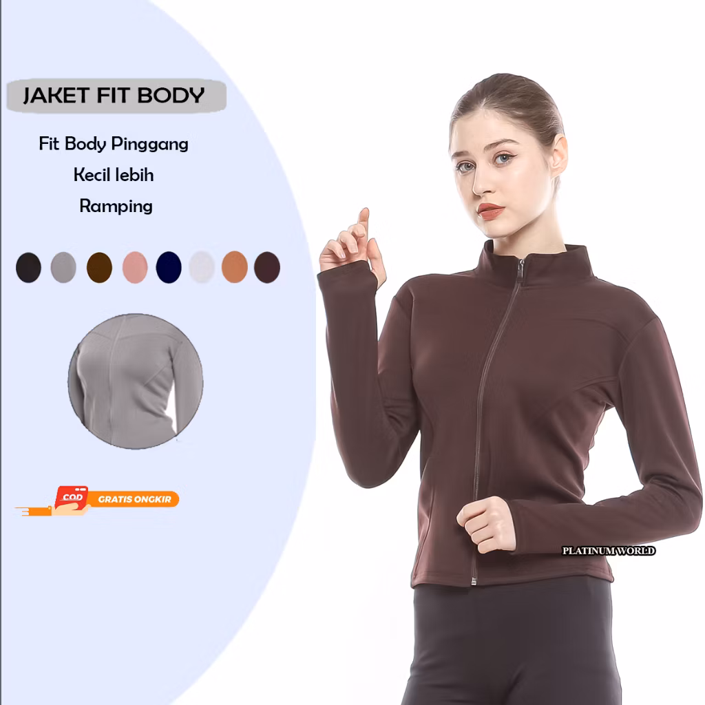 PLATINUM WORLD Jaket Olahraga Lengan Panjang Fit Body Wanita Yoga Pilates Lari Gym Fitnes Pink Premi