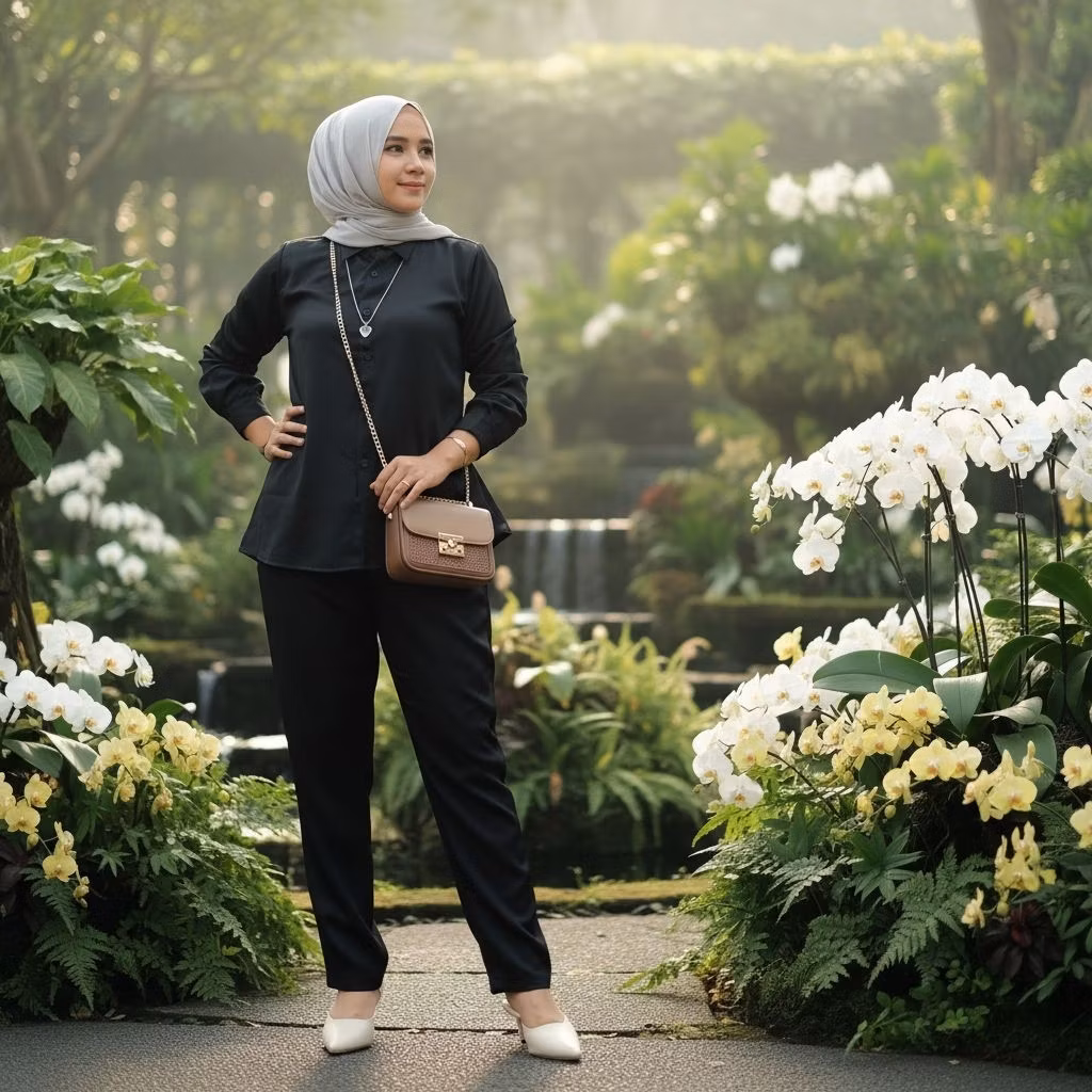Setelan Wanita Rayon Polos Kemeja Lengan Panjang dengan Celana Panjang